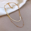 Double-layered golden titanium steel necklace featuring a flat snake chain and bead chain - Gold