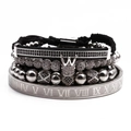 Detail of men's crown zircon charm with Roman numeral engraved metal ring on braided bracelet - White Gold White Zircon Crown 4-Piece Set