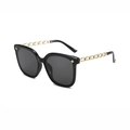 Square black sunglasses with gold metal chain temples and star accents on the frame - Black Frame Gold Leg Grey Lens