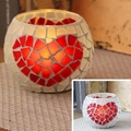 Spherical mosaic glass candle holder featuring red heart patterns on white base - Gold Interlocking Double Heart