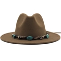 Macro detail of dark brown wool fedora with bohemian turquoise bead and rope band - M (56-58cm) / Khaki