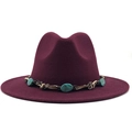 Close-up of wine red wool fedora hat featuring ethnic turquoise stone braided band - M (56-58cm) / Burgundy