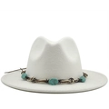 White wool fedora hat with turquoise ethnic braided band and vintage jazz style design - M (56-58cm) / White