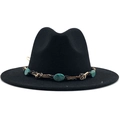 Close-up of black fedora hat featuring a bohemian band with turquoise stone accents - M (56-58cm) / Black