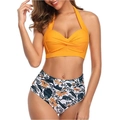 Zweiteiliges Halter-Bikini-Set mit gelbem Oberteil und High-Waist-Hose mit tropischem Muster - S / Ingwergelb mit tropischem Blumendruck / Gelb