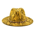 Detail of yellow snakeskin fedora hat with leopard print band and metal star rivets - M (56-58cm) / Yellow