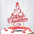 Sparkly red Merry Christmas cake topper in tree shape with glitter finish for holidays - Merry Christmas Text
