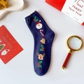 Calcetines navideños festivos de algodón azul marino con bordados y borde de encaje - Talla única / Azul marino