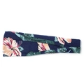 Elastic yoga headband in navy blue with tropical pink flowers and a twist knot design - Navy Red Floral Tropical Leaf