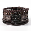Men's multilayered brown leather bracelet featuring wooden beads and rudder charm - Dark Coffee