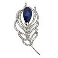 Macro detail of leaf brooch with blue pear-cut crystal and sparkling white rhinestones - Blue Feather