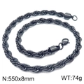 Black titanium steel twist rope chain necklace, 550x8mm size weighing 74g on white background - 8mm 55cm (KN228898-Z)
