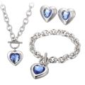 Three-piece stainless steel jewelry set with blue heart crystals and OT buckle design - Silver 3-Piece Set - Blue Gem (KS193434-Z)