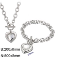 Silver stainless steel jewelry set with heart crystal pendant and T-bar toggle clasp - Silver 2-Piece Set - Clear Gem (KS197628-Z)