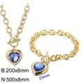 Golden stainless steel heart jewelry set with blue crystal pendants and toggle clasps - Gold 2-Piece Set - Blue Gem (KS197661-Z)