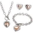 Silver stainless steel jewelry set with heart-shaped pink crystals and OT toggle clasp - Silver 3-Piece Set - Pink Gem (KS193456-Z)