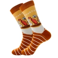 Mid-calf cotton socks with yellow breakfast cartoon pattern and orange stripes - Size 38-45 / Breakfast
