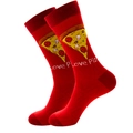 Vibrant red crew socks featuring cartoon pizza pattern and Love Pizza text print - Size 38-45 / Single Slice Pizza