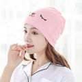 Pink knitted maternity beanie with cute cartoon bear embroidery for postpartum women - Squinty Eye Rabbit / Pink