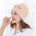 Soft peach knitted maternity hat with a cute cartoon animal embroidery and stretchy fabric - Squinty Eye Rabbit / Champagne