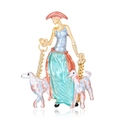 Elegant enamel brooch featuring a lady walking two dogs with colorful details and gold finish - Style B (Turquoise Dress/Red Hat)(C540-B)