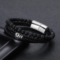 Pulsera punk para hombre con calavera, cuero negro y cuentas de piedra natural - Pulsera de Cuero de Tres Capas Calavera Piedra Volcánica