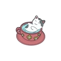 Cartoon enamel pin featuring a cute black and white cat relaxing in a pink coffee cup - Lazy Cat Pink Cup (CC1932)