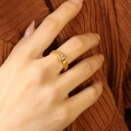 Minimalist gold titanium steel ring with rectangular zircon and twisted chain texture - Size 7 (Adjustable) / Gold White Zirconia