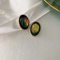 Golden oval stud earrings with black enamel and colorful laser texture inlay - 925 Silver Needle - Green Oval / Green Oval (22#)