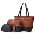3-piece women's tote bag set in brown and black PU leather with tassel and gold hardware - Brown and Black