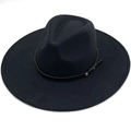 Classic black wool fedora hat with a wide brim and dark brown leather decorative band - M (56-58cm) / Solid Black