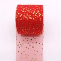 Red glitter star mesh tulle ribbon roll with gold foil pentagrams for DIY hair bows - Red