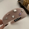 Pink plush headband featuring mixed crystal rhinestones and a metal rose pendant charm - Pink