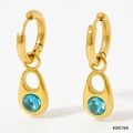 Gold stainless steel hoop earrings featuring hollow teardrop pendants with blue zircon - Gold With Blue Zirconia (KDE764)