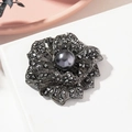 Vintage dark rhinestone flower brooch with grey pearl center in gunmetal finish - Dark Floral (xz4144)