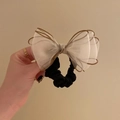 Elegant organza oversized scrunchie with beige bow and gold trim for bun hairstyles - Beige