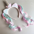 Glittery unicorn headband with sequin ears and colorful pastel gradient curly hair - Pink Purple Green Curly
