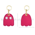 Pink cartoon ghost leather keychain with golden ring and size specs on white background - Pink Ghost