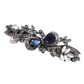 Detailed macro of vintage silver hair clip with blue crystals and grey faux pearl - F48-9 Bow Style