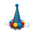 Blue dog birthday party hat with golden stars and colorful pompom trim detail - Triangle Ball Hat / Blue