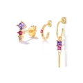 Detailed set of three gold earrings with purple, red, and pink gemstone accents - Gold Multicolor Zircon Earring Set (#11)