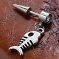 Polished silver fishbone drop earring with clear zircon inlay on a brown leather background - Fishbone Shape Pendant Studs