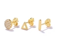 Golden earring set with geometric shapes and crystal accents on white background - Gold Geometric Shape Stud Set (#77)