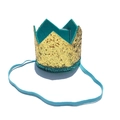 Detail of golden sequined pet crown hat with blue felt lining and elastic strap - Crown / Blue