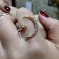 Adjustable gold star and crescent moon ring with micro-pave cubic zirconia crystals - Adjustable Open / Gold