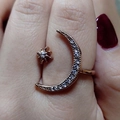 Adjustable rose gold star and moon open ring set with sparkling zircon crystals - Adjustable Open / Rose Gold