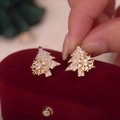 Sparkling gold Christmas tree earrings with white crystals in a red velvet box - Rotatable Christmas Snowflake Studs / Gold