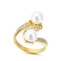 Elegante anello in titanio dorato con doppie perle e brillanti accenti di strass - US 7 / Stile Doppia Perla a S (KR89308-K)