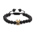 Verstellbares Lavastein-Perlenarmband mit goldener Krone und schwarzer Kordel - Lava Gold Große Krone