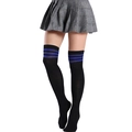 Black over-the-knee socks featuring triple blue stripes in a classic preppy style - L (Height 52cm) / Black with Blue Stripes